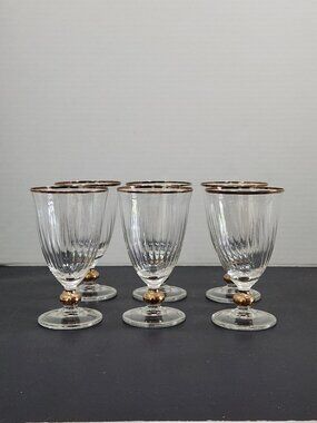 VTG 60s Cerve Italy Optic Ribbed Water Glasses, Gold Rim & Ball Stem, Set of 6